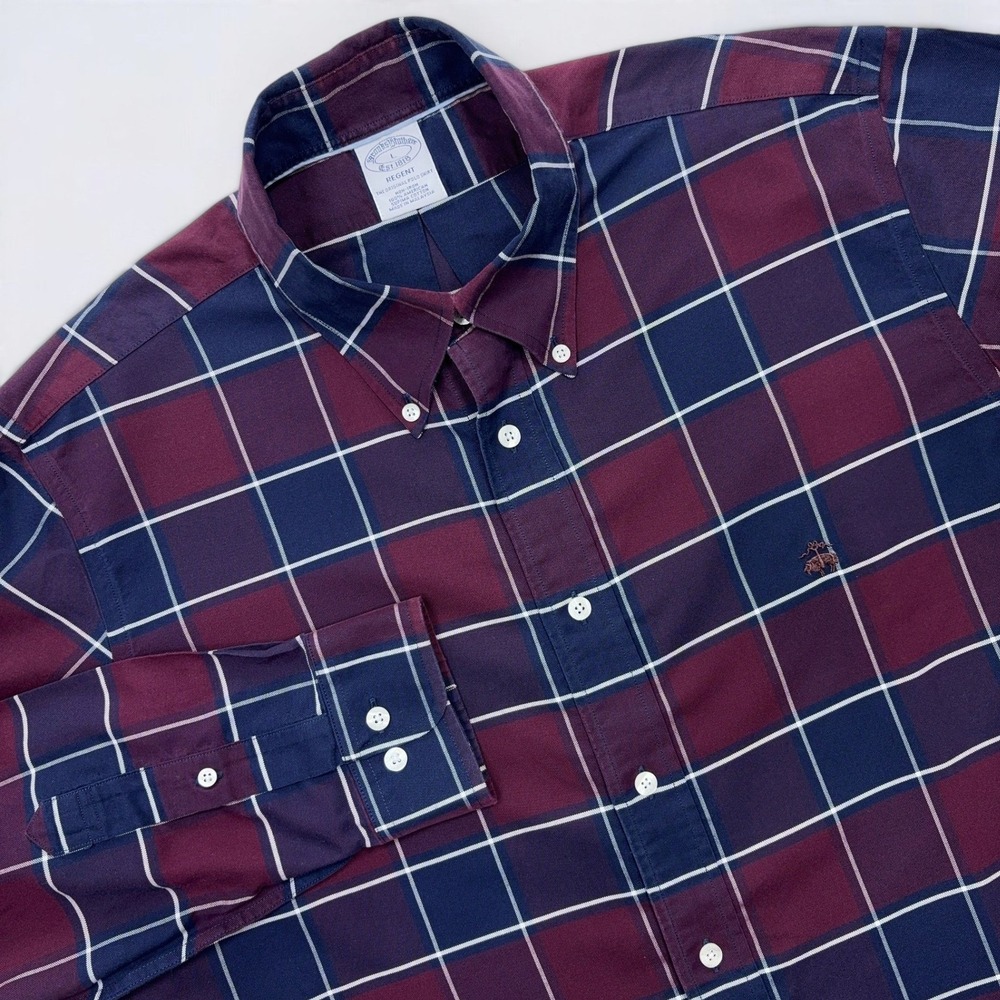 Brooks Brothers OCBD Shirt Mens Large Burgundy Navy Plaid Regent Supima Non Iron
